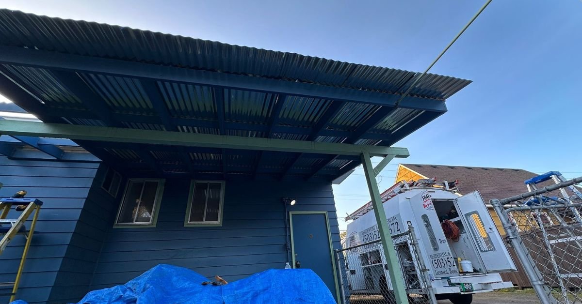 New porch roof installation and painted woodwork in Salem Oregon