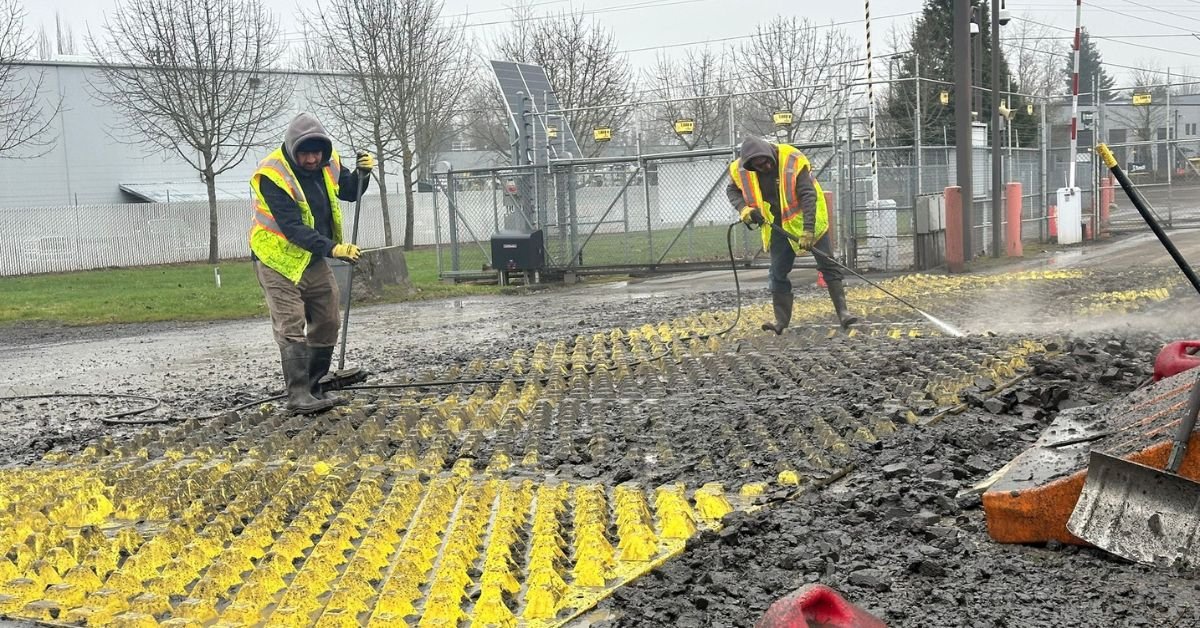 Pressure washing trackout control mats at a construction site in Salem OR
