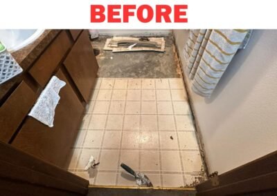 Outdated linoleum and unfinished floor in bathroom before renovation – Frank Handyman Services Portland