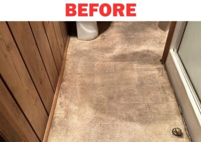 Worn linoleum floor in rustic bathroom before renovation – Frank Handyman Services Portland