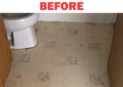 Old linoleum bathroom floor with stains before renovation in Portland – Frank Handyman Services