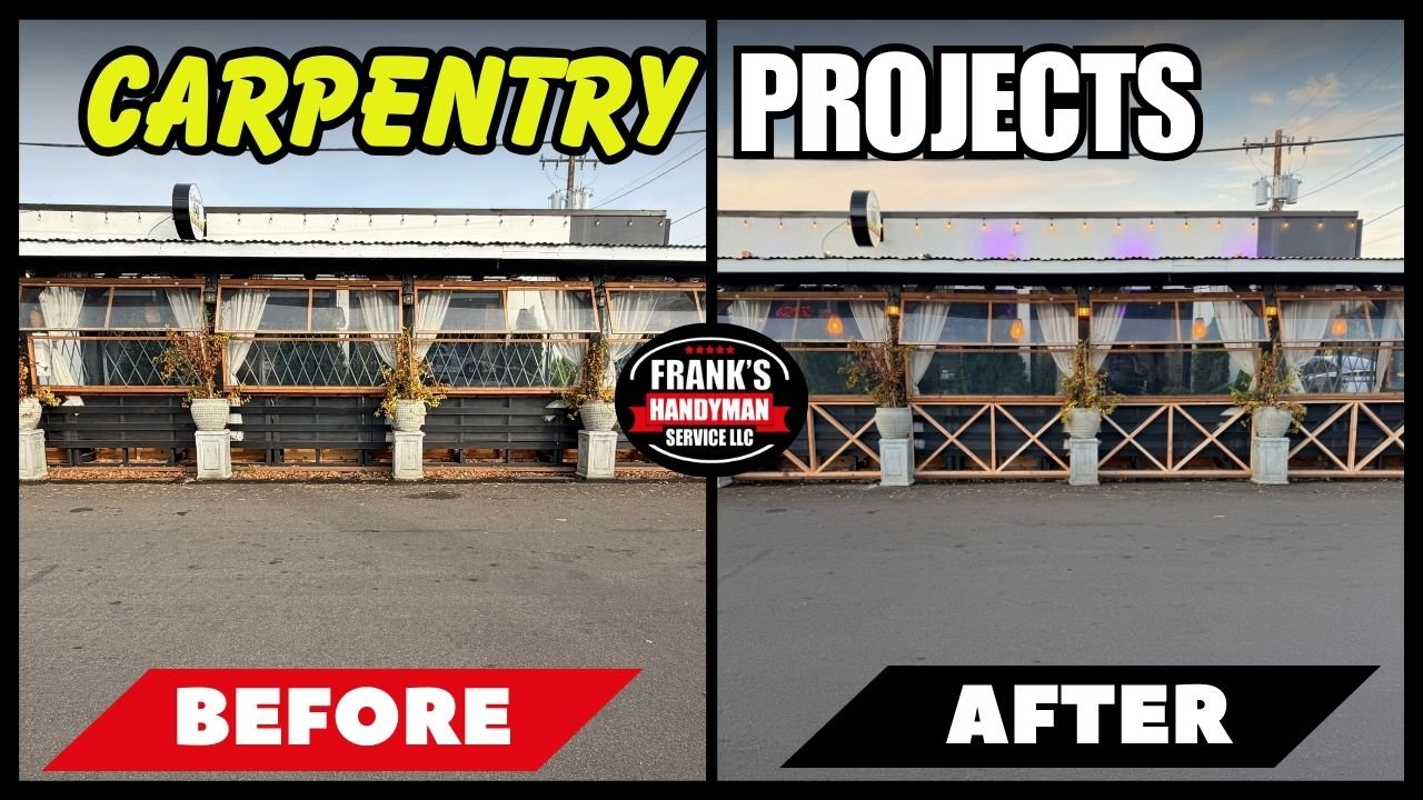 Before and after view of a renovated commercial patio enclosure with new wooden panels, showcasing Frank Handyman Service's carpentry projects in Portland, OR.